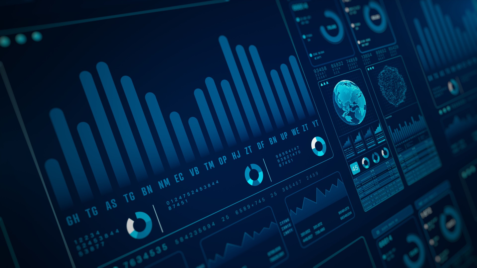 Infographie sur l’investissement commercial et financier, Interface de tableau de bord numérique futuriste avec des tableaux de données, des graphiques et une carte mondiale, Arrière-plan abstrait d’analytique de données, Rendu 3D
